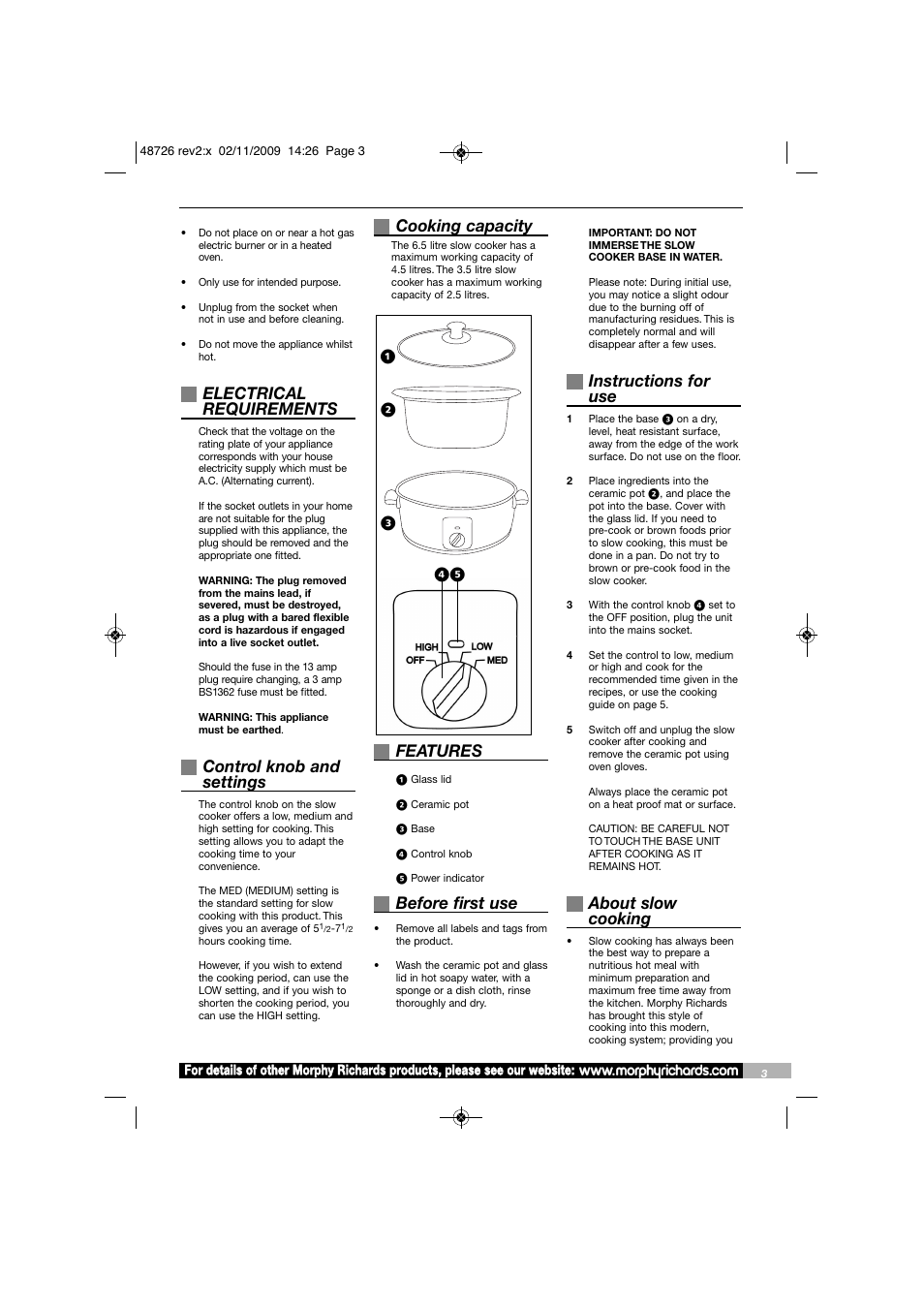 Electrical requirements, Control knob and settings, Cooking capacity | Features, Before first use, Instructions for use, About slow cooking | Morphy Richards Slow Cooker User Manual | Page 3 / 20