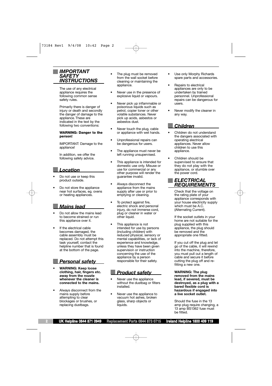 Important safety instructions, Location, Mains lead | Personal safety, Product safety, Children, Electrical requirements | Morphy Richards VC73184 User Manual | Page 2 / 8