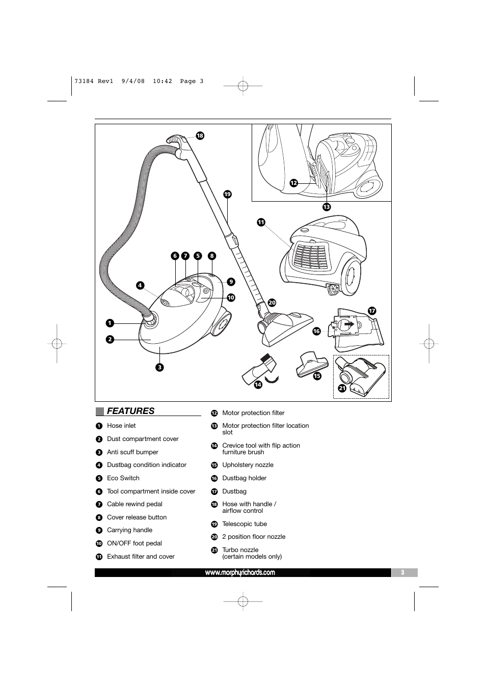 Features | Morphy Richards VC73184 User Manual | Page 3 / 8