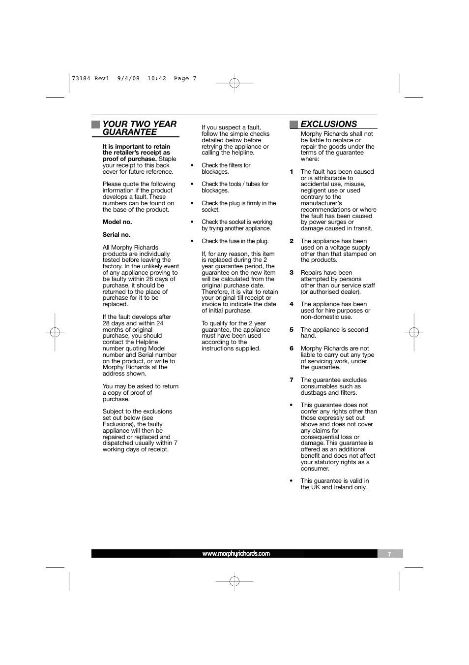 Your two year guarantee, Exclusions | Morphy Richards VC73184 User Manual | Page 7 / 8
