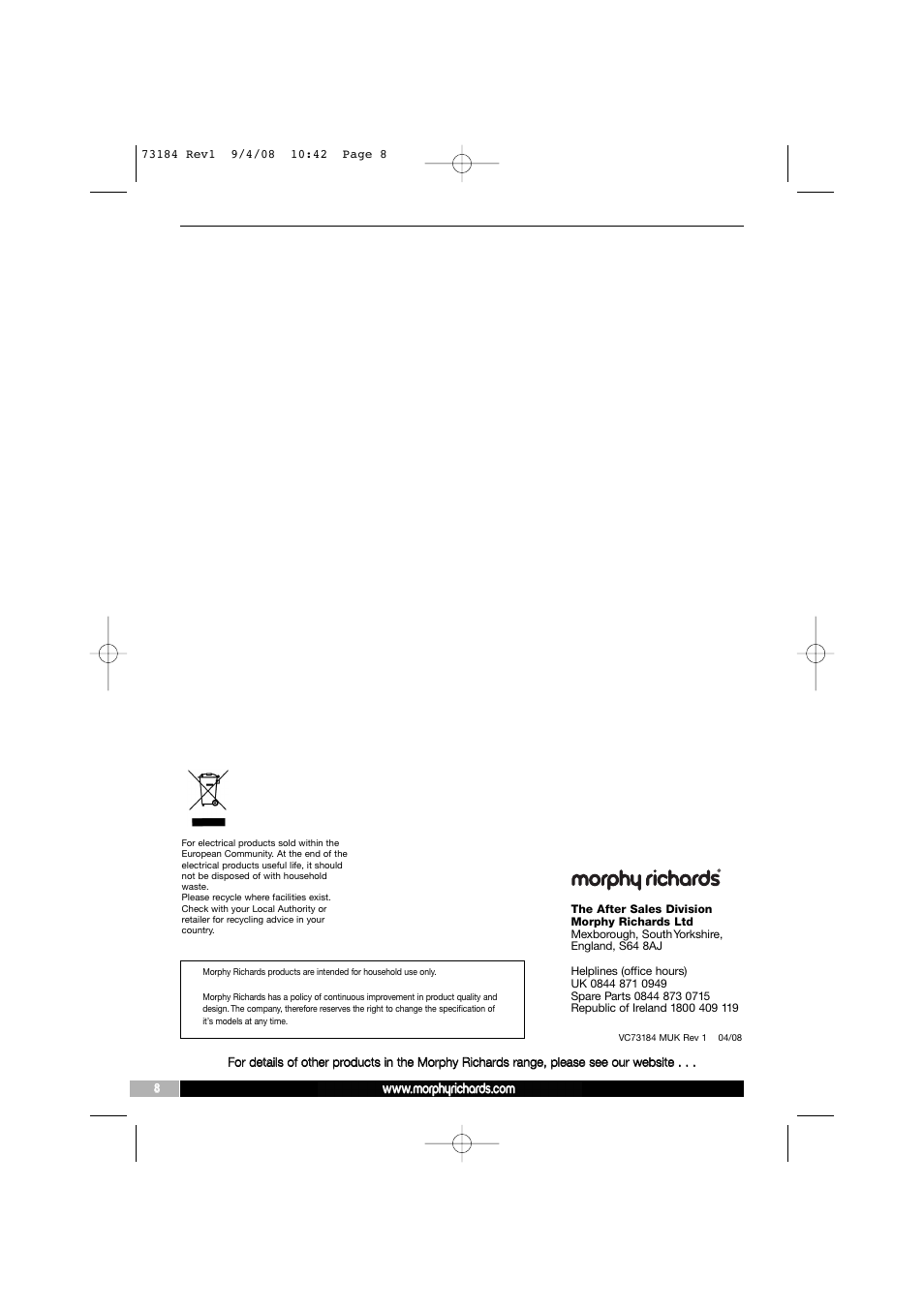 Morphy Richards VC73184 User Manual | Page 8 / 8