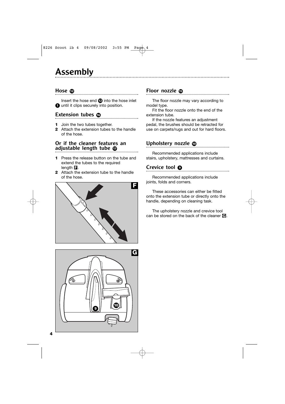 Assembly, Hose, Extension tubes | Floor nozzle, Upholstery nozzle, Crevice tool | Morphy Richards Scoot cylinder vacuum cleaner User Manual | Page 4 / 12