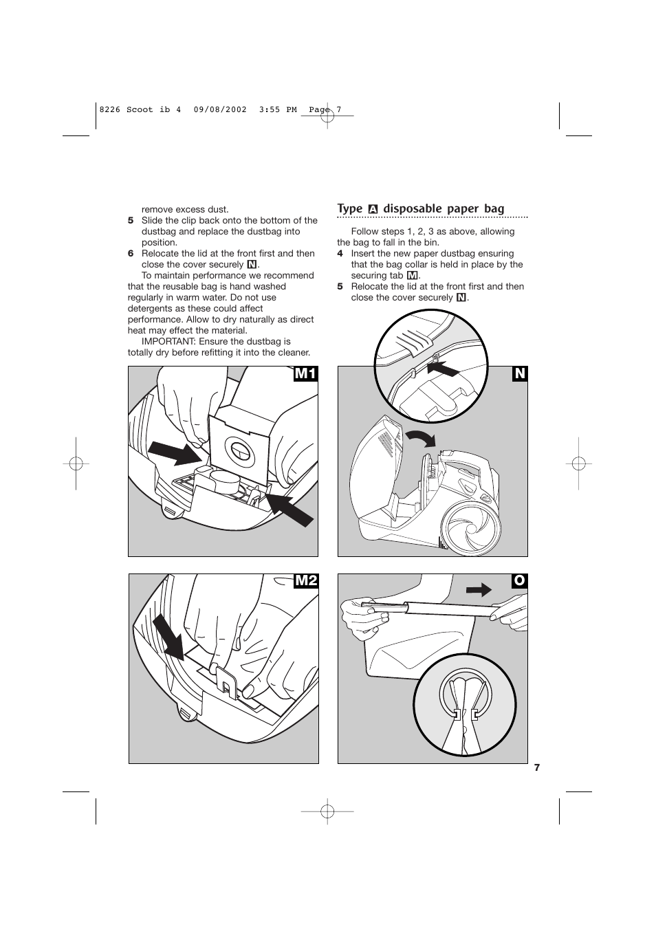 M1 m2 o n, Type, Disposable paper bag | Morphy Richards Scoot cylinder vacuum cleaner User Manual | Page 7 / 12
