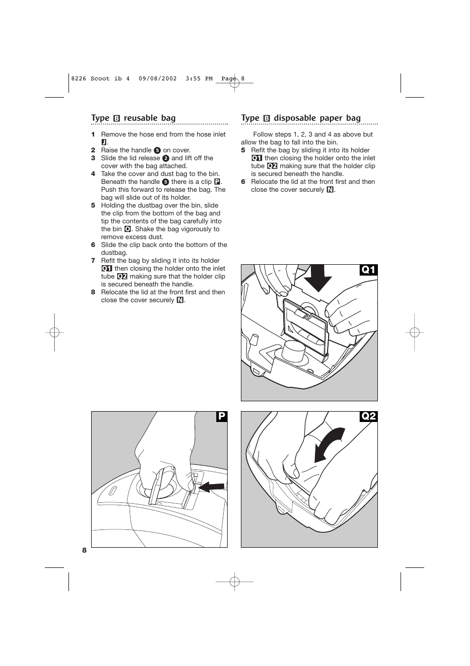 Pq1 q2, Type, Reusable bag | Disposable paper bag | Morphy Richards Scoot cylinder vacuum cleaner User Manual | Page 8 / 12