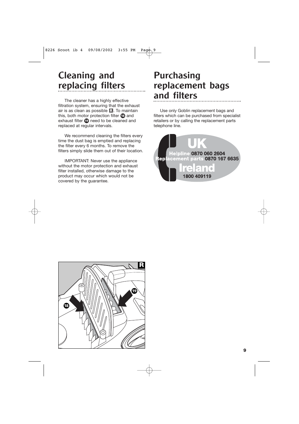 Cleaning and replacing filters, Purchasing replacement bags and filters | Morphy Richards Scoot cylinder vacuum cleaner User Manual | Page 9 / 12