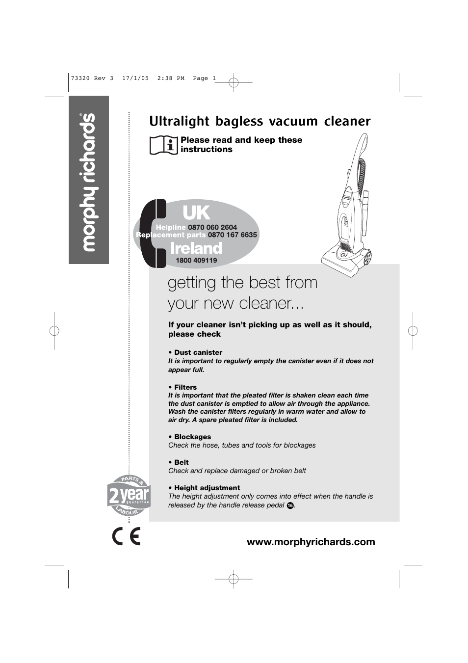 Morphy Richards Upright Bagless Vacuum Cleaner User Manual | 8 pages