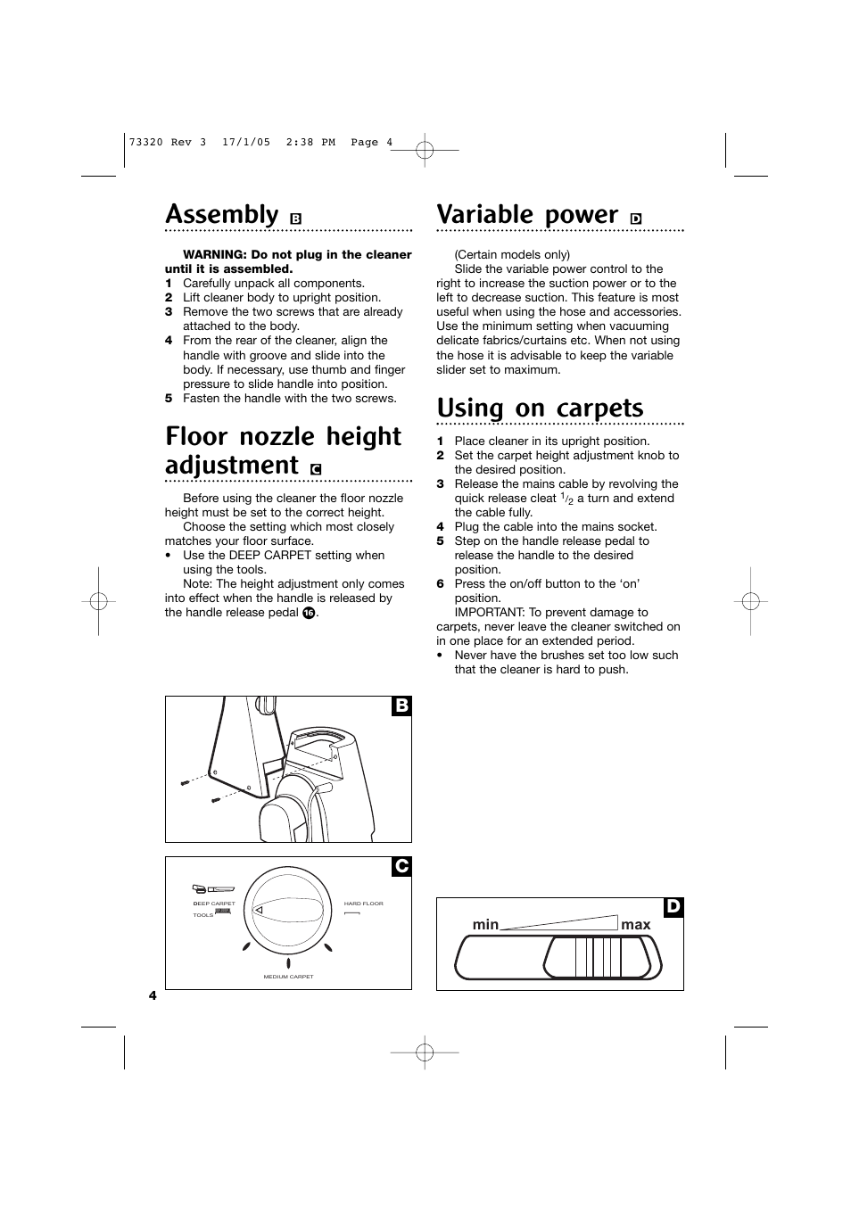 Assembly, Floor nozzle height adjustment, Variable power | Using on carpets | Morphy Richards Upright Bagless Vacuum Cleaner User Manual | Page 4 / 8