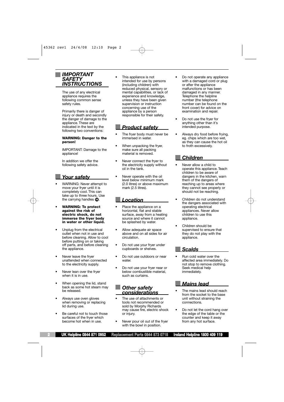 Important safety instructions, Your safety, Product safety | Location, Other safety considerations, Children, Scalds, Mains lead | Morphy Richards 45362 User Manual | Page 2 / 8