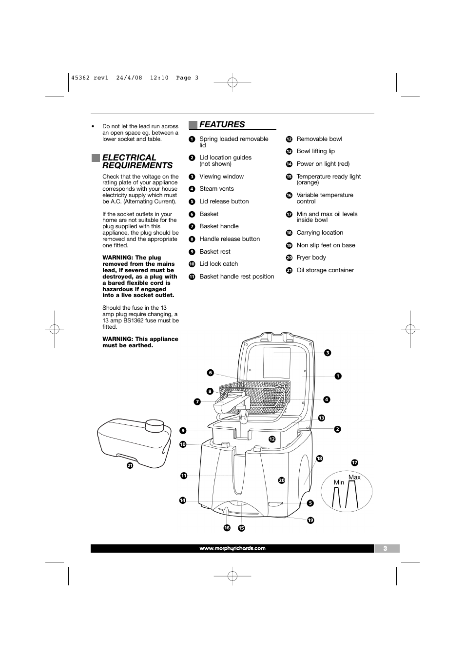 Electrical requirements, Features | Morphy Richards 45362 User Manual | Page 3 / 8
