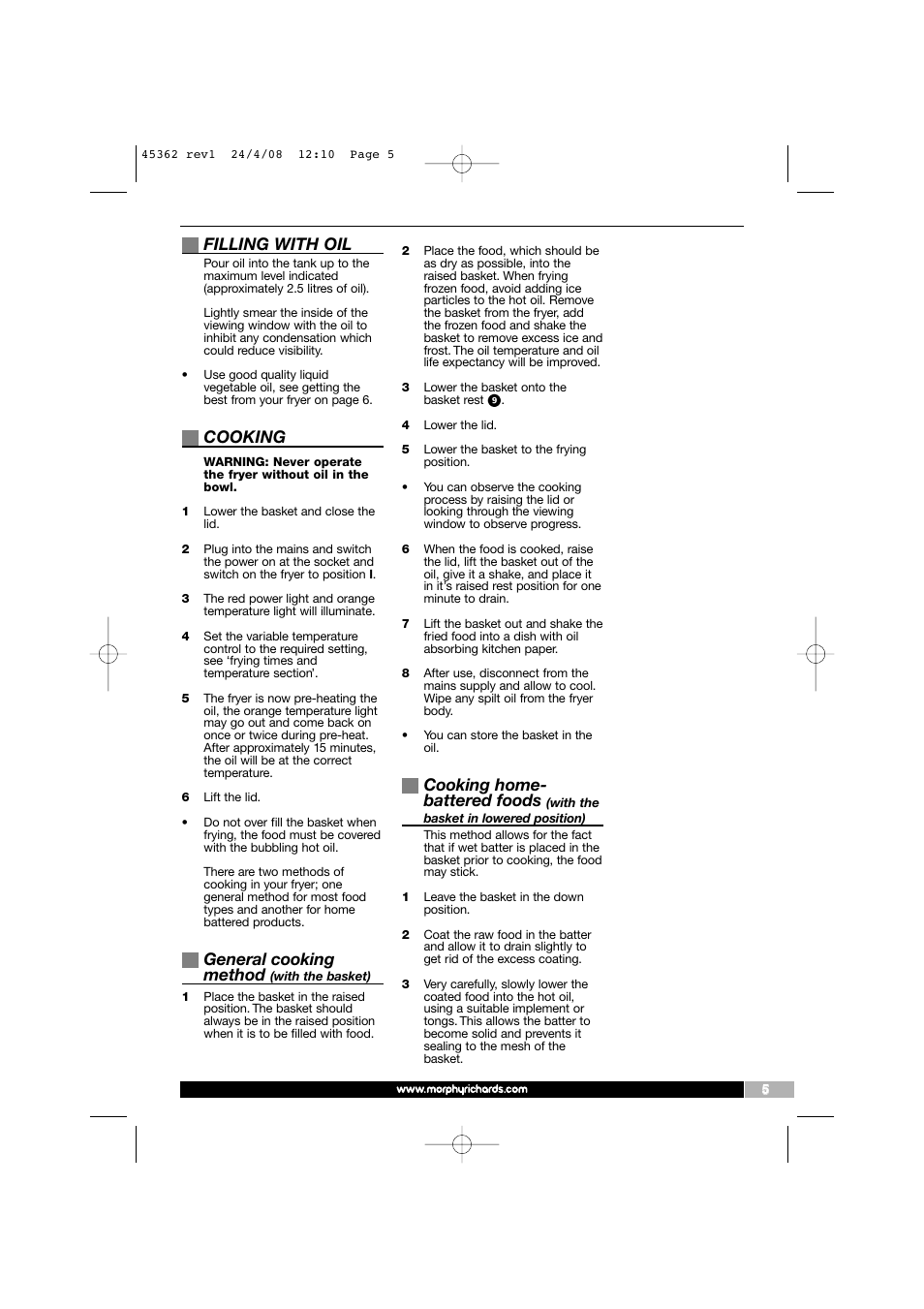 Filling with oil, Cooking, General cooking method | Cooking home- battered foods | Morphy Richards 45362 User Manual | Page 5 / 8