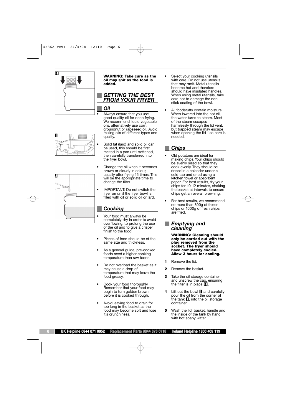 Getting the best from your fryer oil, Cooking, Chips | Emptying and cleaning | Morphy Richards 45362 User Manual | Page 6 / 8