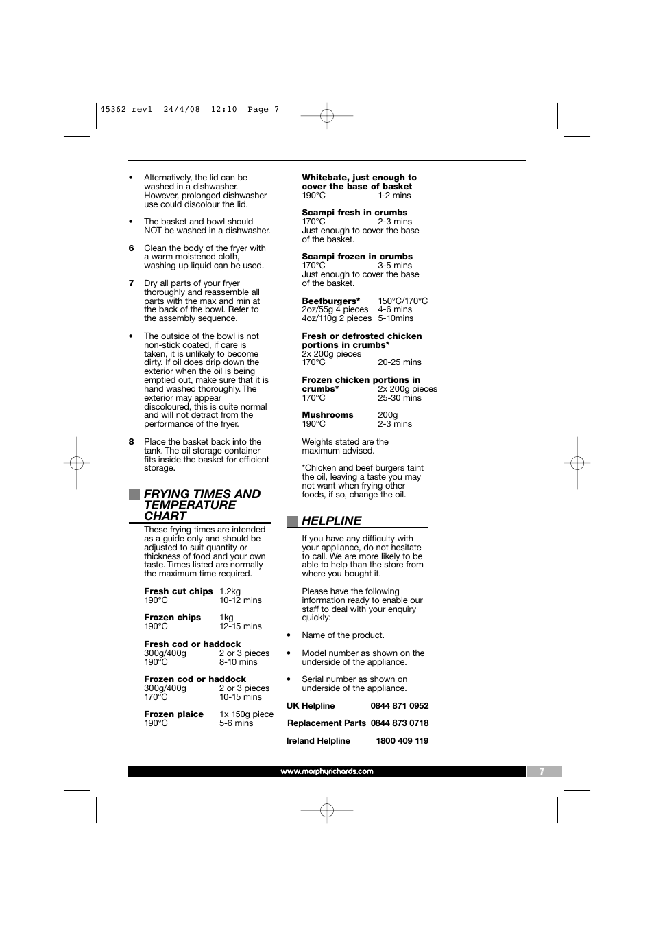 Frying times and temperature chart, Helpline | Morphy Richards 45362 User Manual | Page 7 / 8