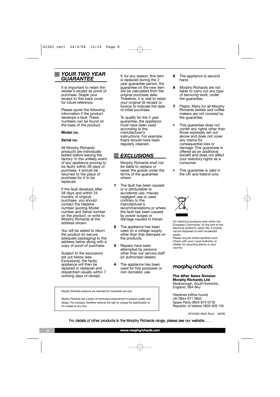 Your two year guarantee, Exclusions | Morphy Richards 45362 User Manual | Page 8 / 8