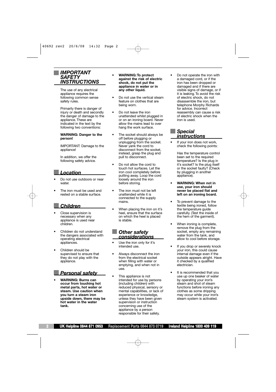 Important safety instructions, Location, Children | Personal safety, Other safety considerations, Special instructions | Morphy Richards 40692 User Manual | Page 2 / 8