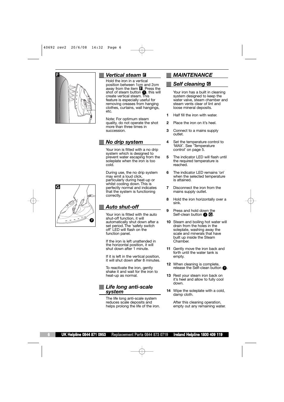 Vertical steam, No drip system, Auto shut-off | Life long anti-scale system, Maintenance self cleaning, Gf f | Morphy Richards 40692 User Manual | Page 6 / 8