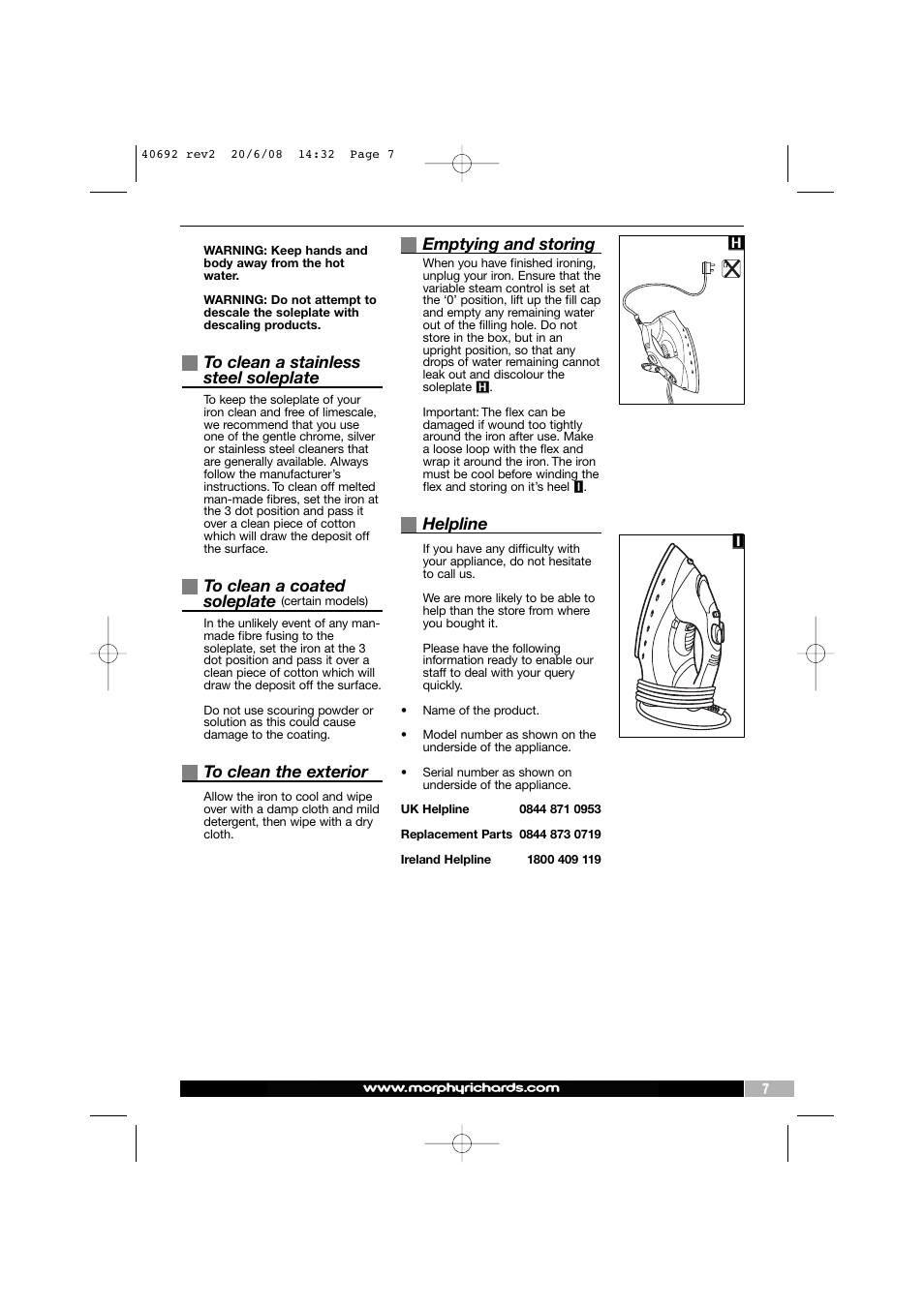 Emptying and storing, Helpline | Morphy Richards 40692 User Manual | Page 7 / 8