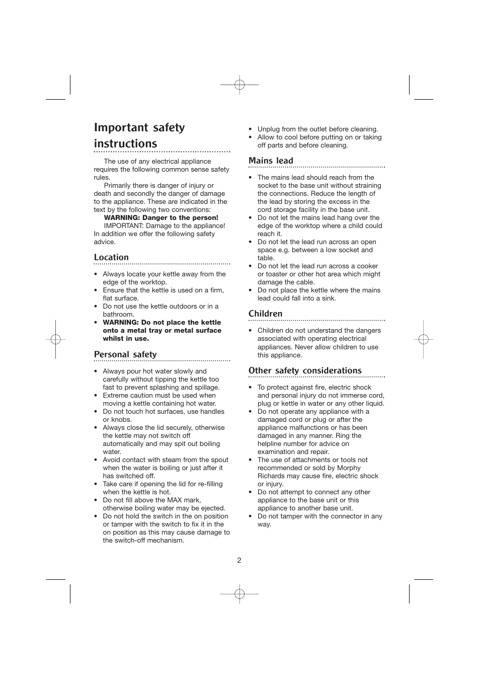 Important safety instructions, Location, Personal safety | Mains lead, Children, Other safety considerations | Morphy Richards Opera jug kettle User Manual | Page 2 / 6