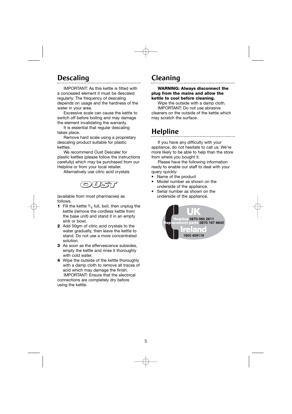 Descaling, Cleaning, Helpline | Morphy Richards Opera jug kettle User Manual | Page 5 / 6