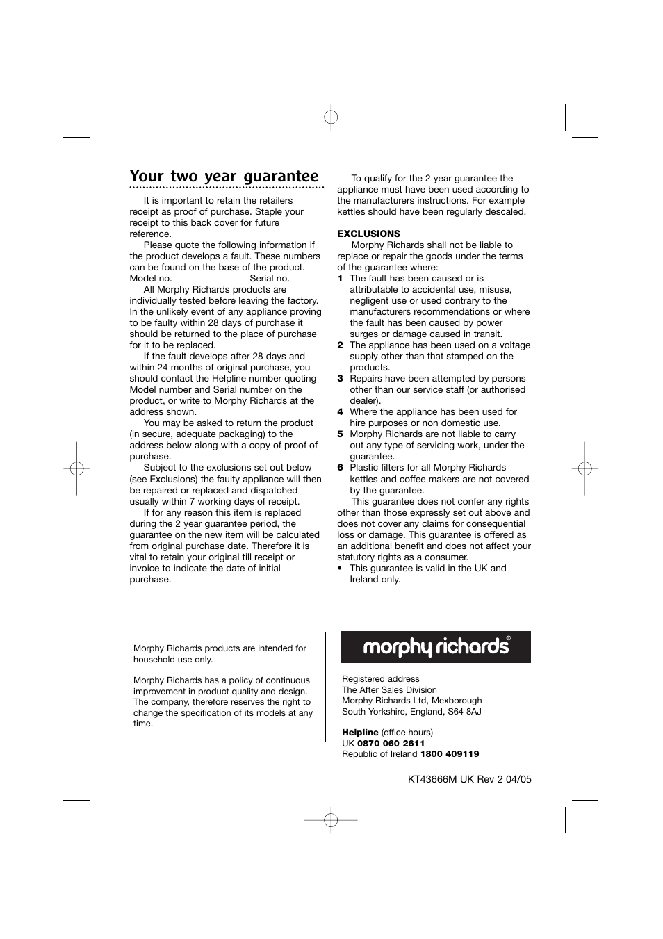 Your two year guarantee | Morphy Richards Opera jug kettle User Manual | Page 6 / 6