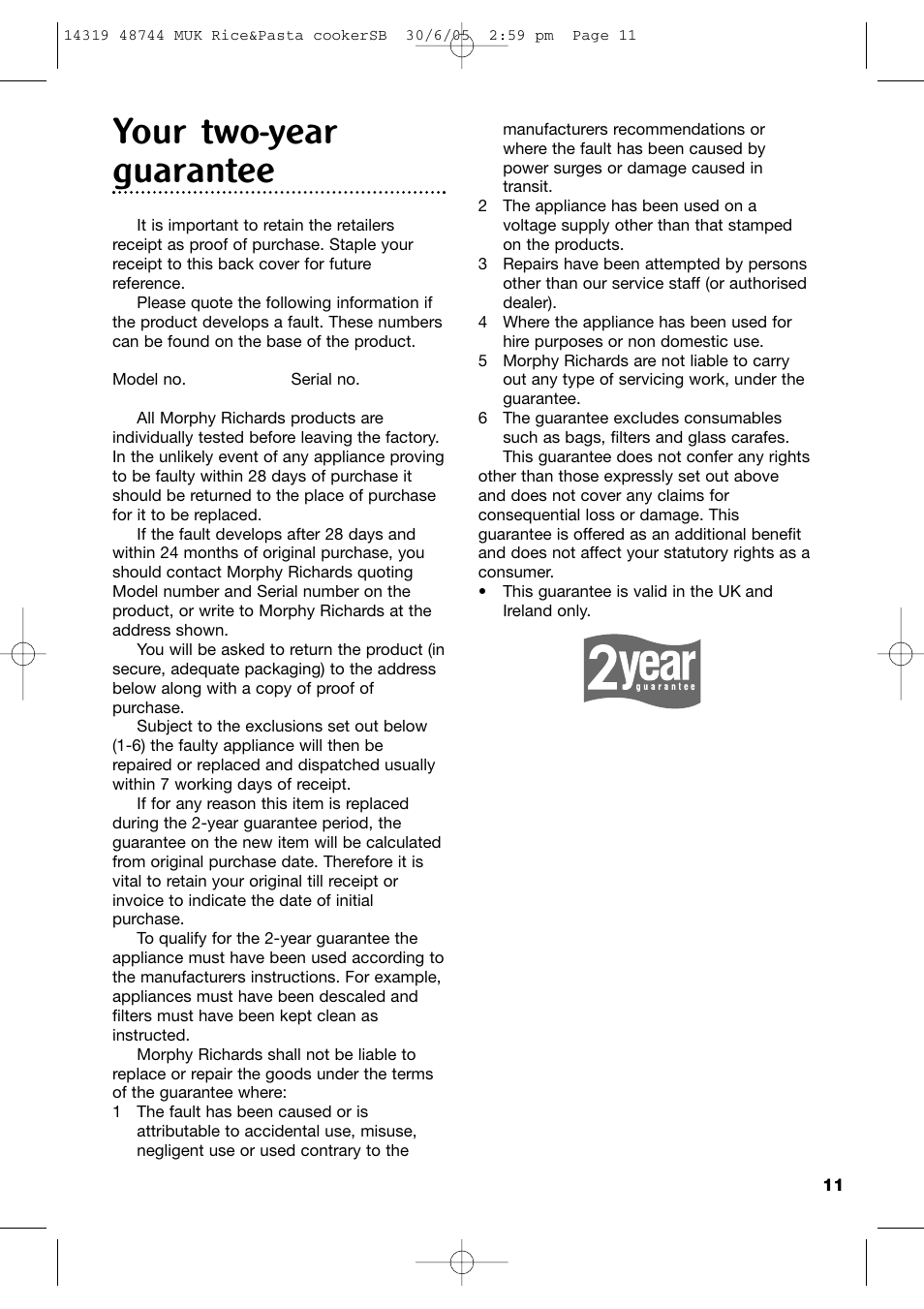 Your two-year guarantee | Morphy Richards Rice & Pasta Cooker User Manual | Page 11 / 12