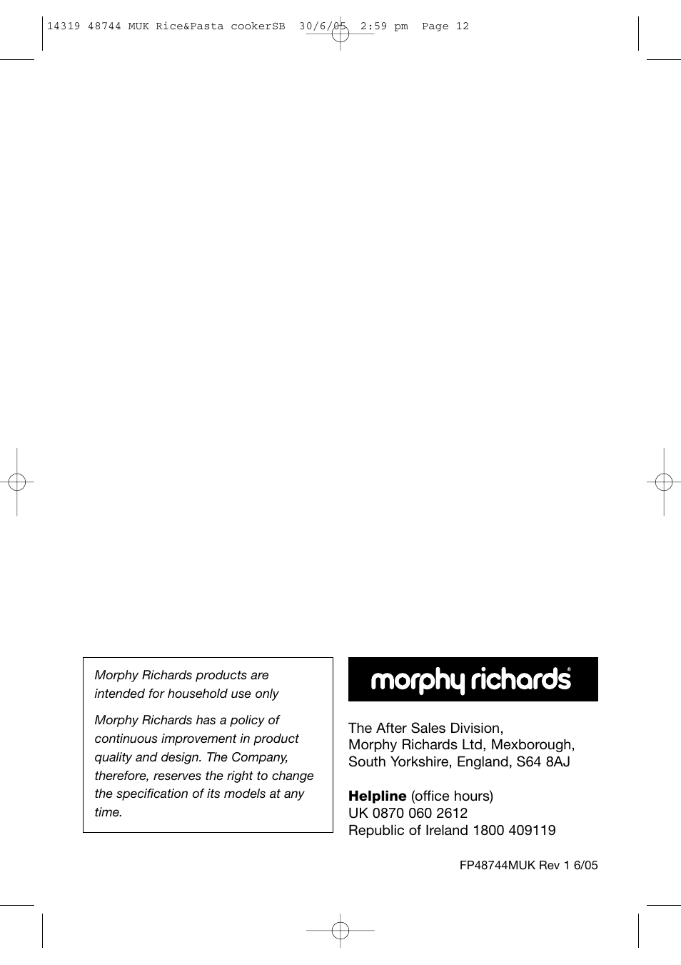 Morphy Richards Rice & Pasta Cooker User Manual | Page 12 / 12