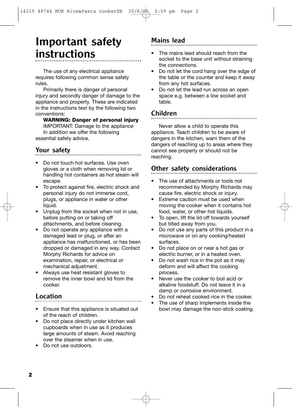 Important safety instructions, Your safety, Location | Mains lead, Children, Other safety considerations | Morphy Richards Rice & Pasta Cooker User Manual | Page 2 / 12