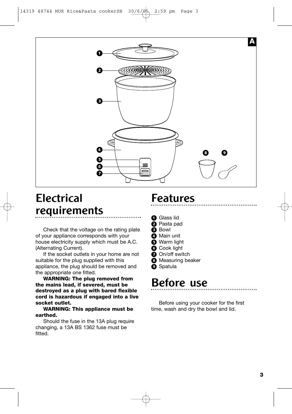 Electrical requirements, Features, Before use | Morphy Richards Rice & Pasta Cooker User Manual | Page 3 / 12
