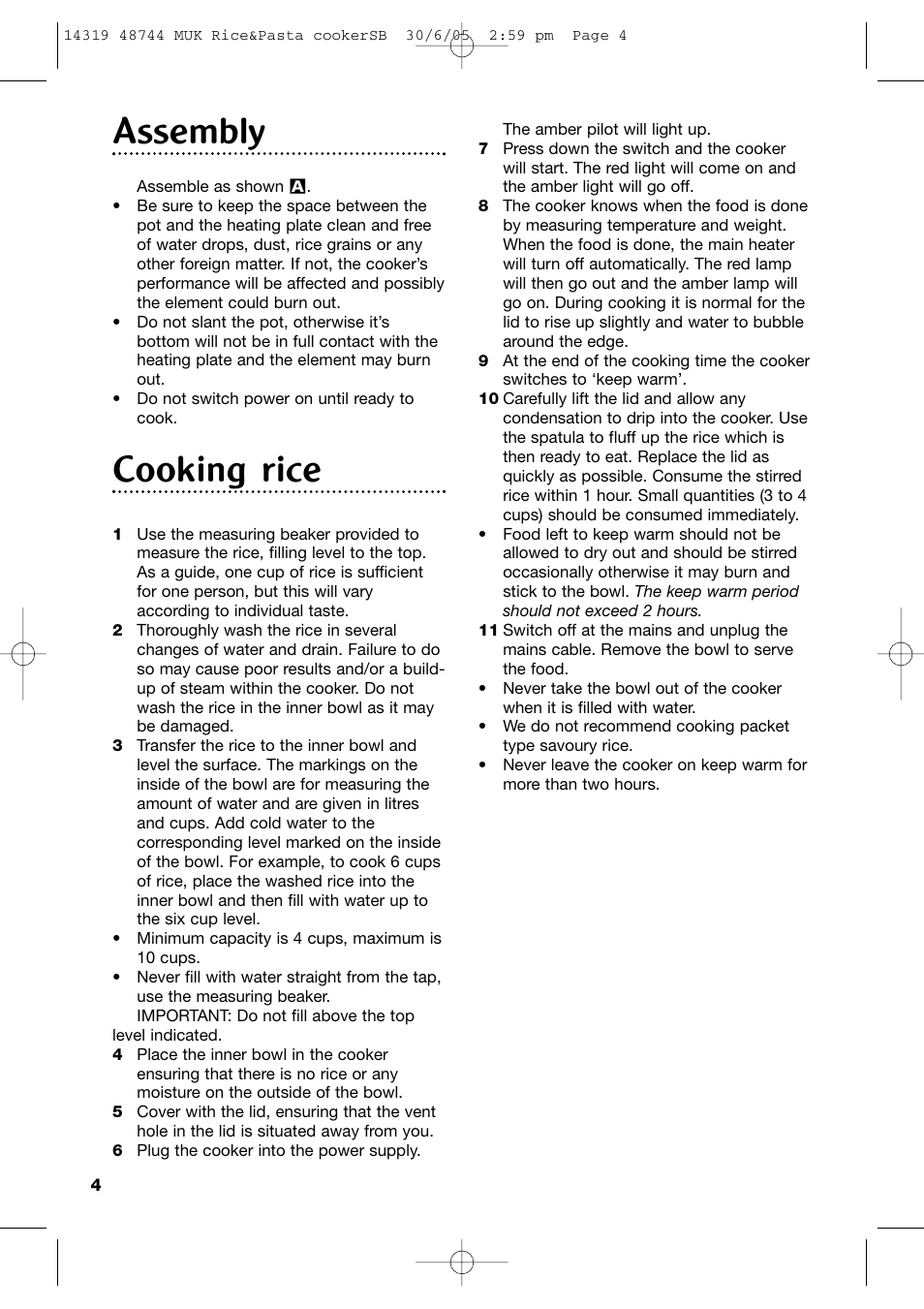 Assembly, Cooking rice | Morphy Richards Rice & Pasta Cooker User Manual | Page 4 / 12