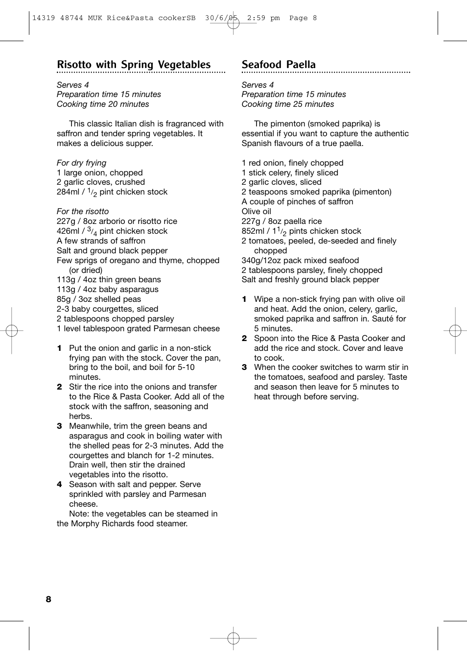 Risotto with spring vegetables, Seafood paella | Morphy Richards Rice & Pasta Cooker User Manual | Page 8 / 12