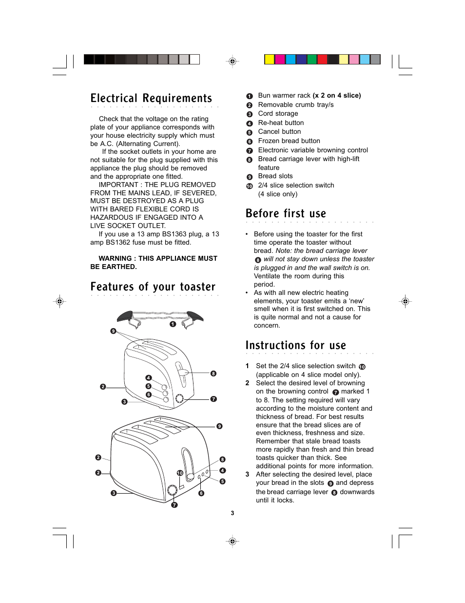 Electrical requirements, Features of your toaster, Before first use | Instructions for use | Morphy Richards contemporary User Manual | Page 3 / 6