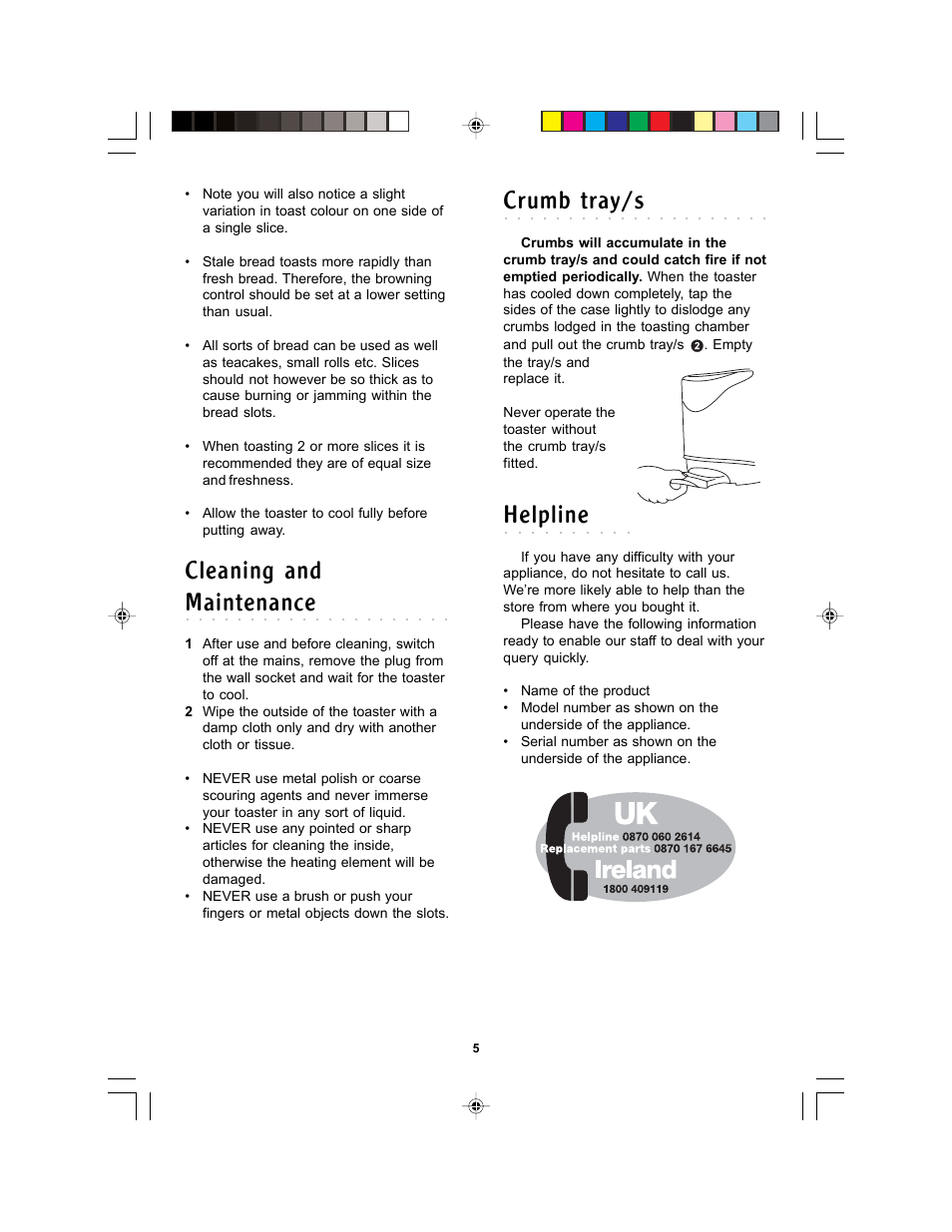 Helpline, Crumb tray/s, Cleaning and | Maintenance | Morphy Richards contemporary User Manual | Page 5 / 6
