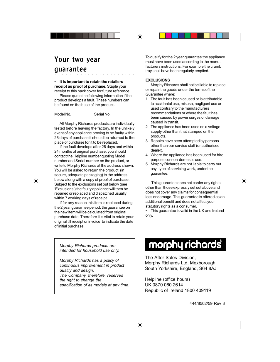Your two year, Guarantee | Morphy Richards contemporary User Manual | Page 6 / 6