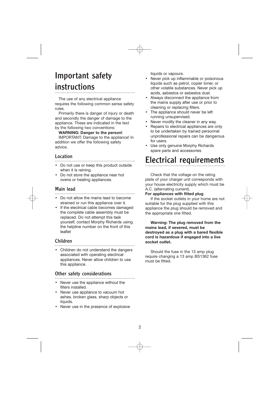 Important safety instructions, Electrical requirements, Location | Main lead, Children, Other safety considerations | Morphy Richards Hand held vacuum cleaner User Manual | Page 2 / 9