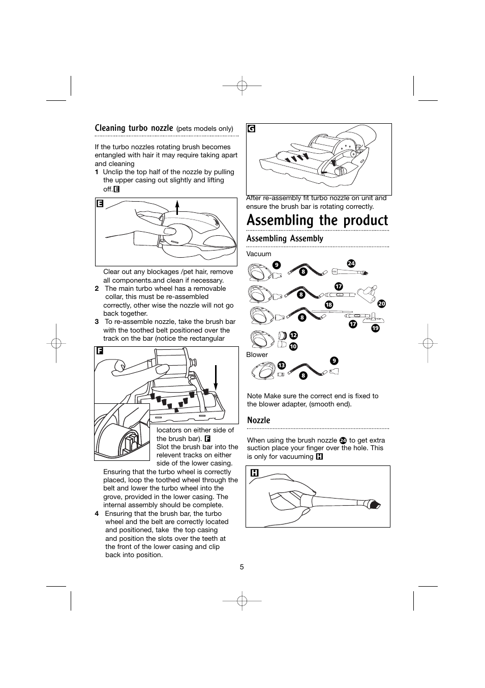 Assembling the product, Assembling assembly, Nozzle | Cleaning turbo nozzle | Morphy Richards Hand held vacuum cleaner User Manual | Page 5 / 9