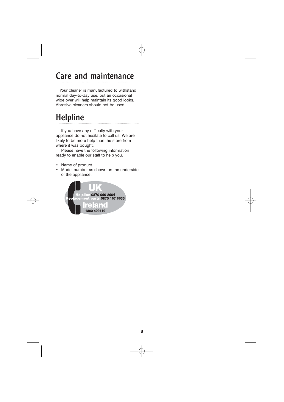 Care and maintenance, Helpline | Morphy Richards Hand held vacuum cleaner User Manual | Page 8 / 9