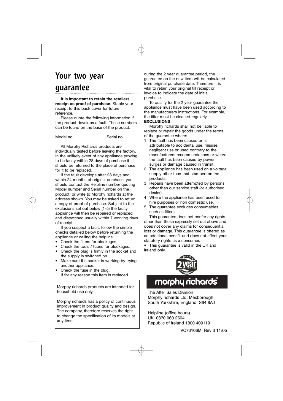 Your two year guarantee | Morphy Richards Hand held vacuum cleaner User Manual | Page 9 / 9