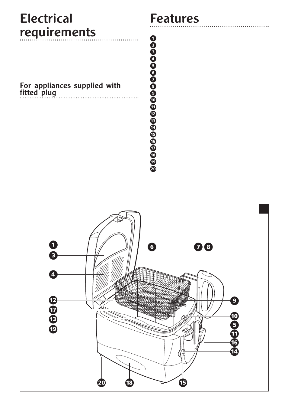 Electrical requirements, Features | Morphy Richards bowl fryer User Manual | Page 3 / 8