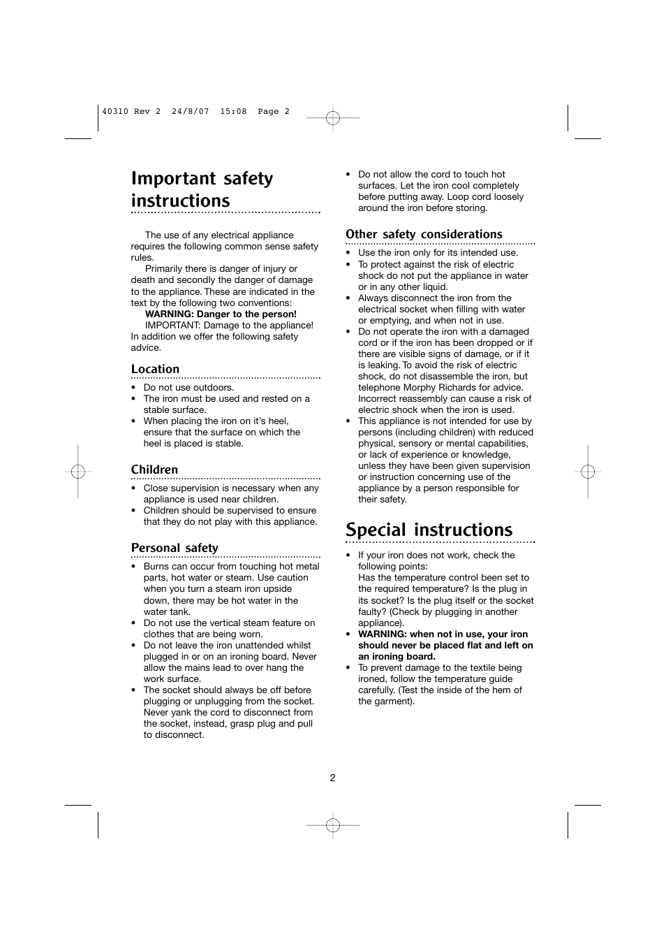 Important safety instructions, Special instructions, Location | Children, Personal safety, Other safety considerations | Morphy Richards 40310 User Manual | Page 2 / 8
