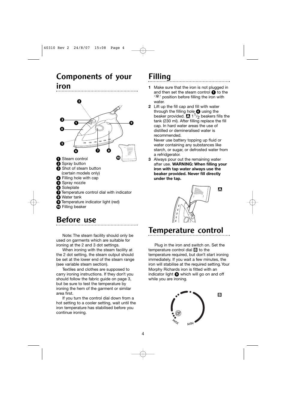 Components of your iron, Before use, Filling | Temperature control | Morphy Richards 40310 User Manual | Page 4 / 8
