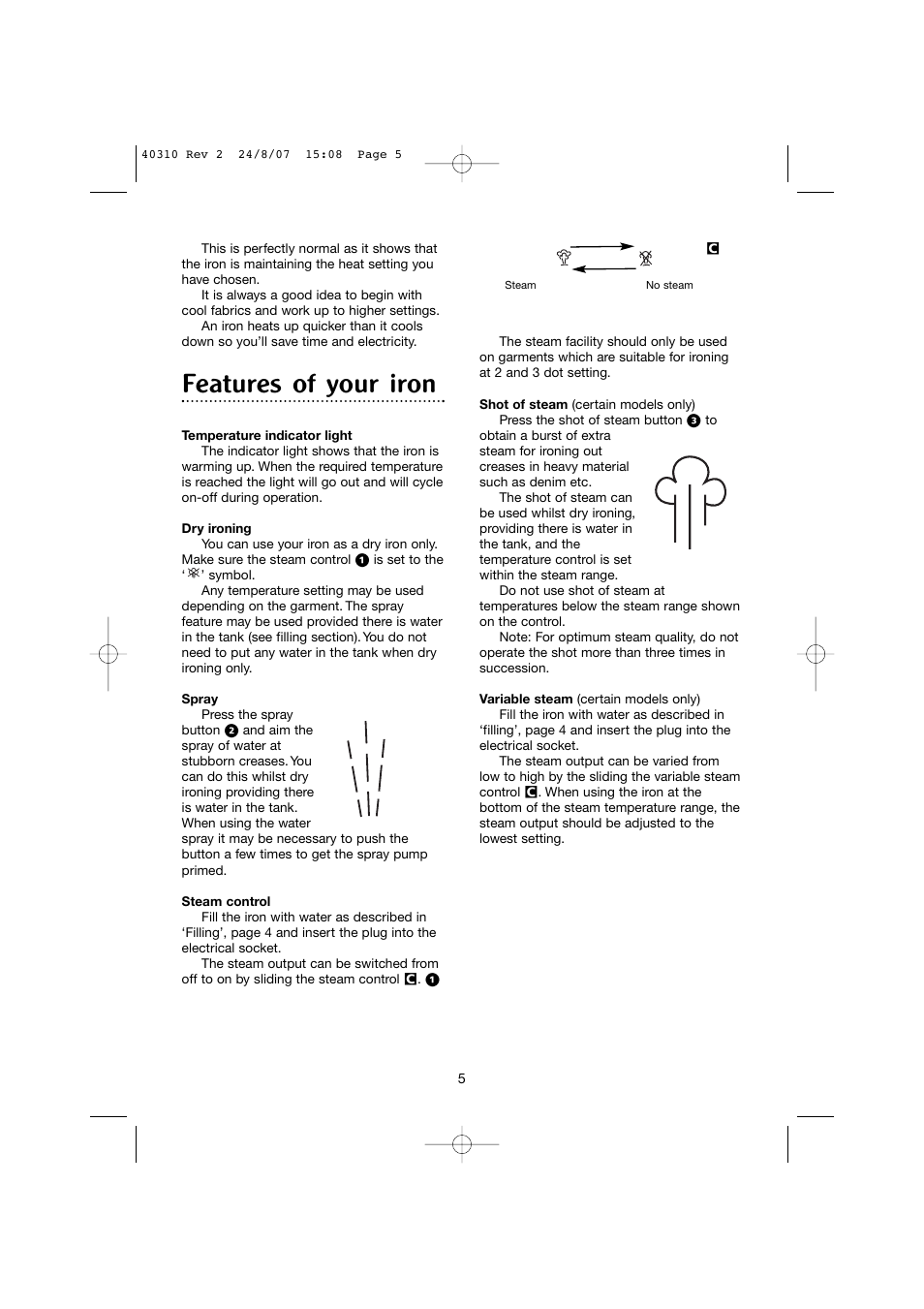 Features of your iron | Morphy Richards 40310 User Manual | Page 5 / 8