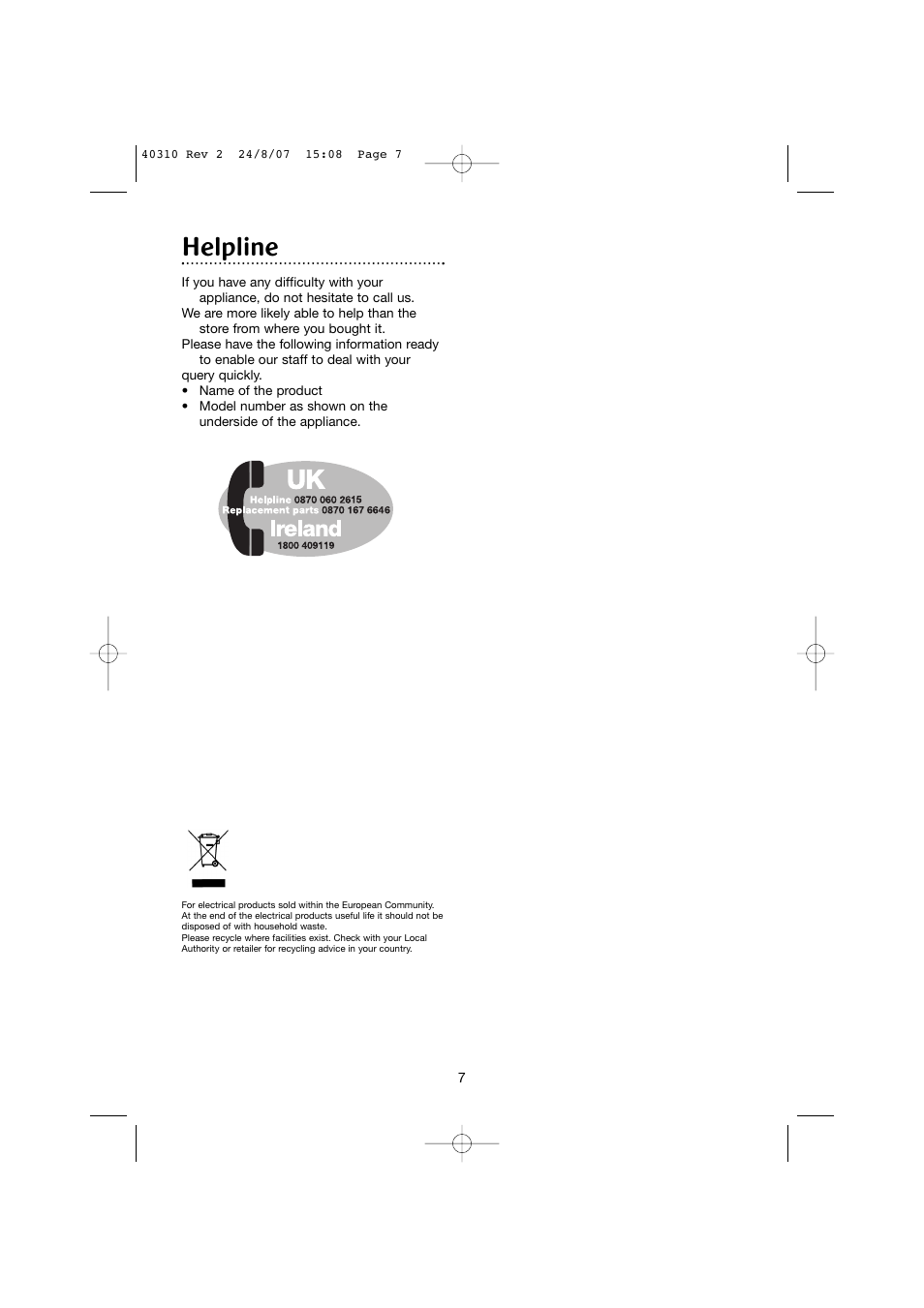 Helpline | Morphy Richards 40310 User Manual | Page 7 / 8