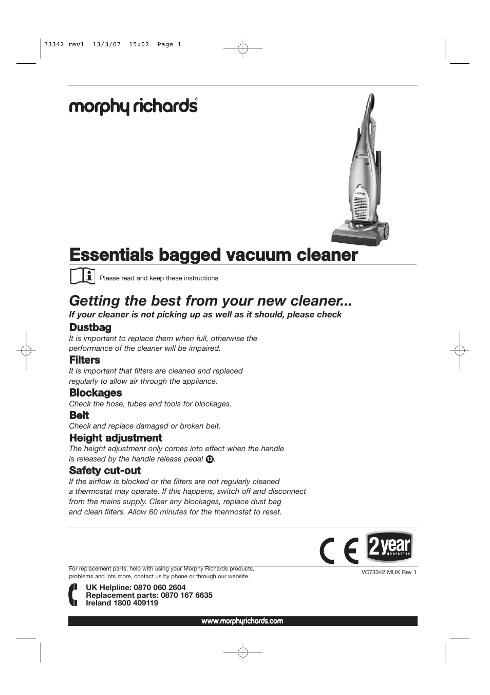 Morphy Richards Essentials Bag Vacuum Cleaner User Manual | 8 pages