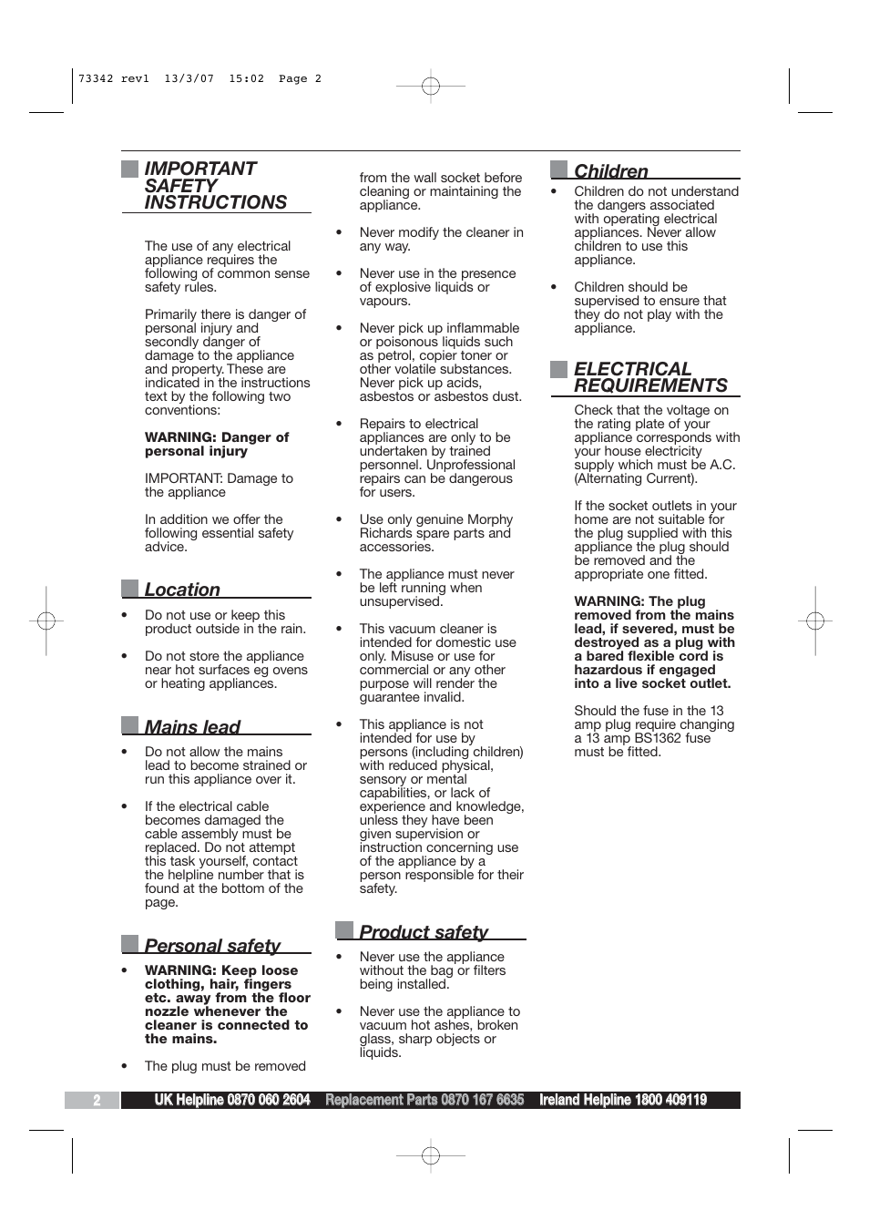 Important safety instructions, Location, Mains lead | Personal safety, Product safety, Children, Electrical requirements | Morphy Richards Essentials Bag Vacuum Cleaner User Manual | Page 2 / 8