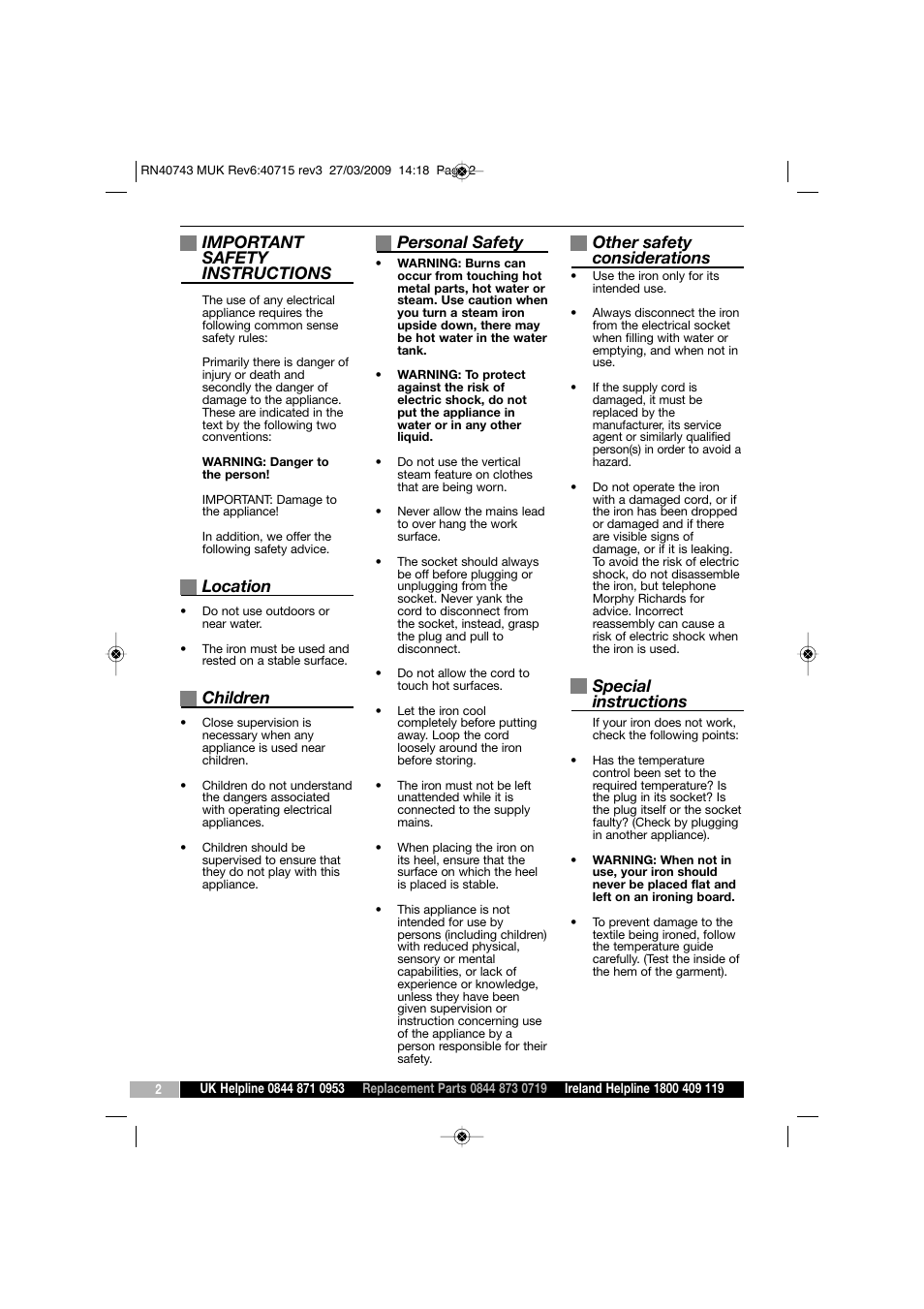 Important safety instructions, Location, Children | Personal safety, Other safety considerations, Special instructions | Morphy Richards 40743 User Manual | Page 2 / 8