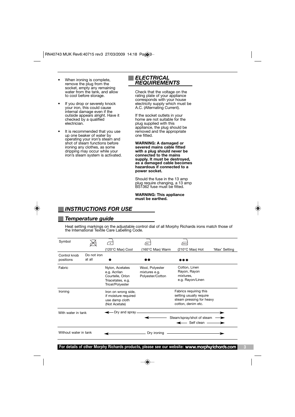 Electrical requirements, Instructions for use, Temperature guide | Morphy Richards 40743 User Manual | Page 3 / 8