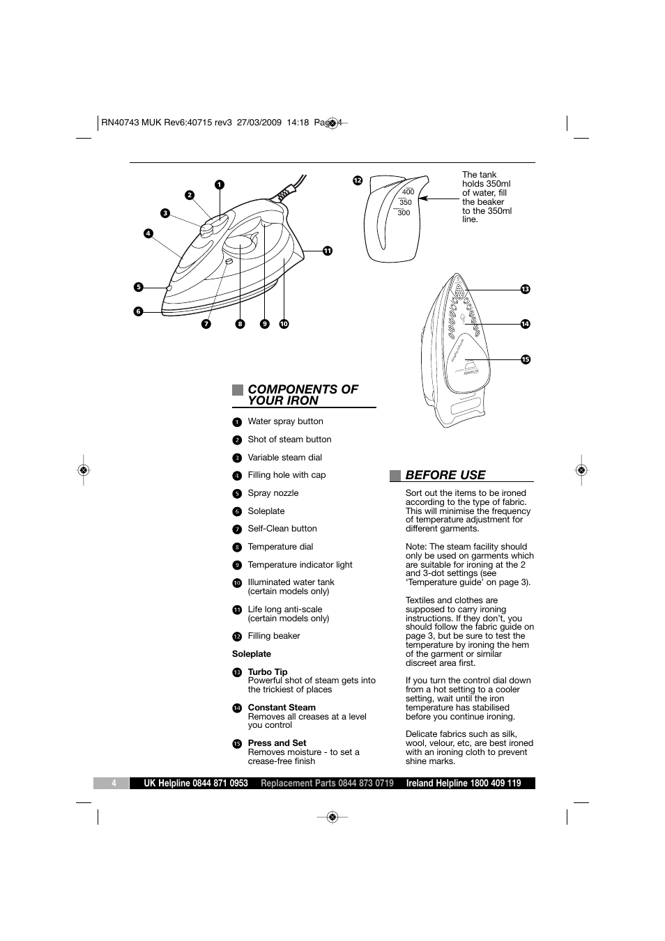 Components of your iron, Before use | Morphy Richards 40743 User Manual | Page 4 / 8
