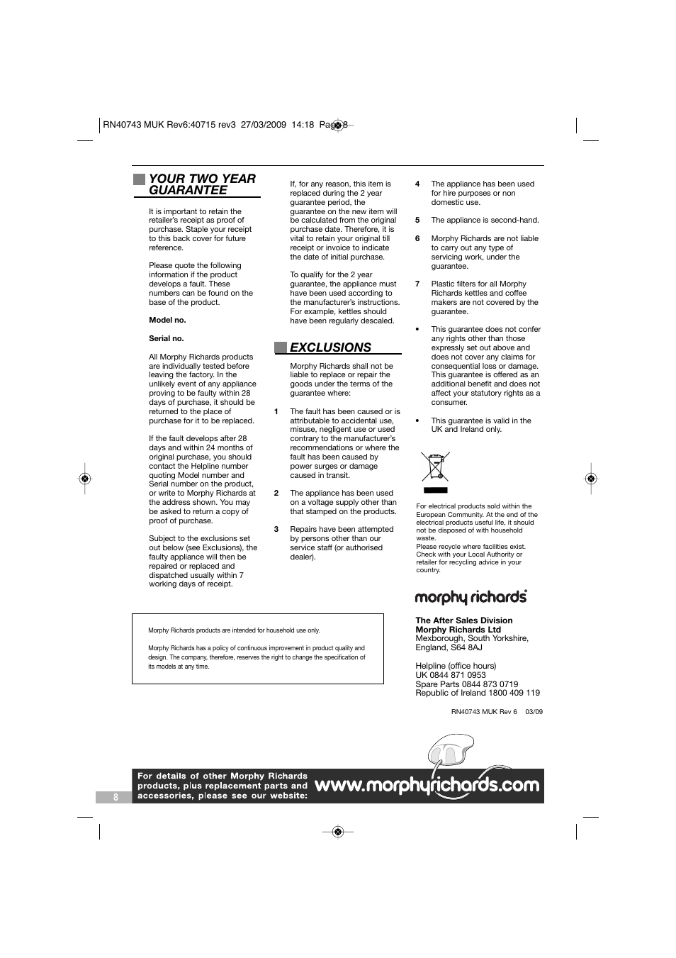 Your two year guarantee, Exclusions | Morphy Richards 40743 User Manual | Page 8 / 8