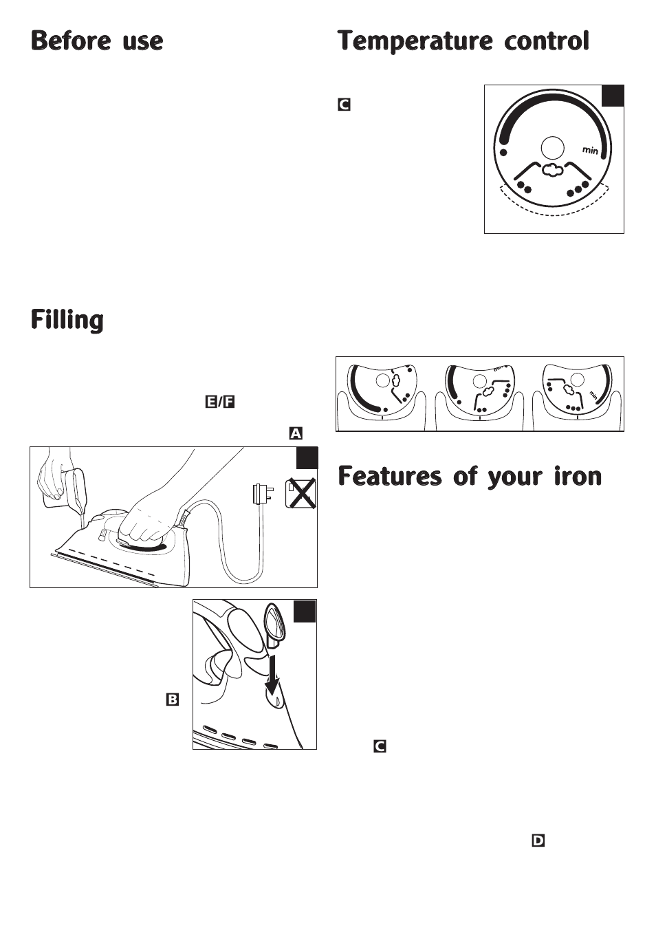 Bbe effo orre e u us se e, Tte em mp pe erra attu urre e c co on nttrro oll, Ffe ea attu urre es s o off y yo ou urr iirro on n | Morphy Richards Turbo steam iron User Manual | Page 4 / 8