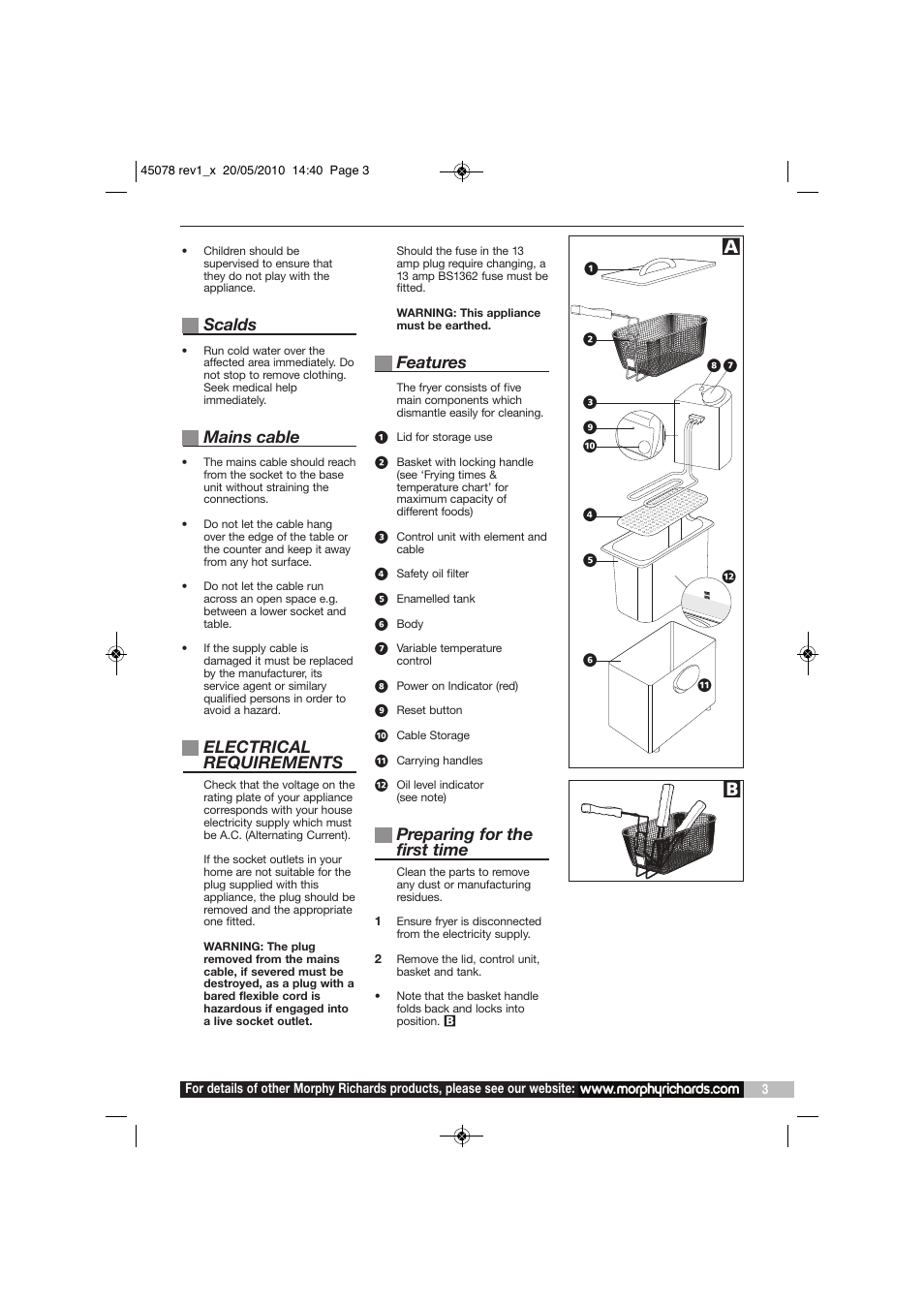 Scalds, Mains cable, Electrical requirements | Features, Preparing for the first time | Morphy Richards DF45078 User Manual | Page 3 / 8