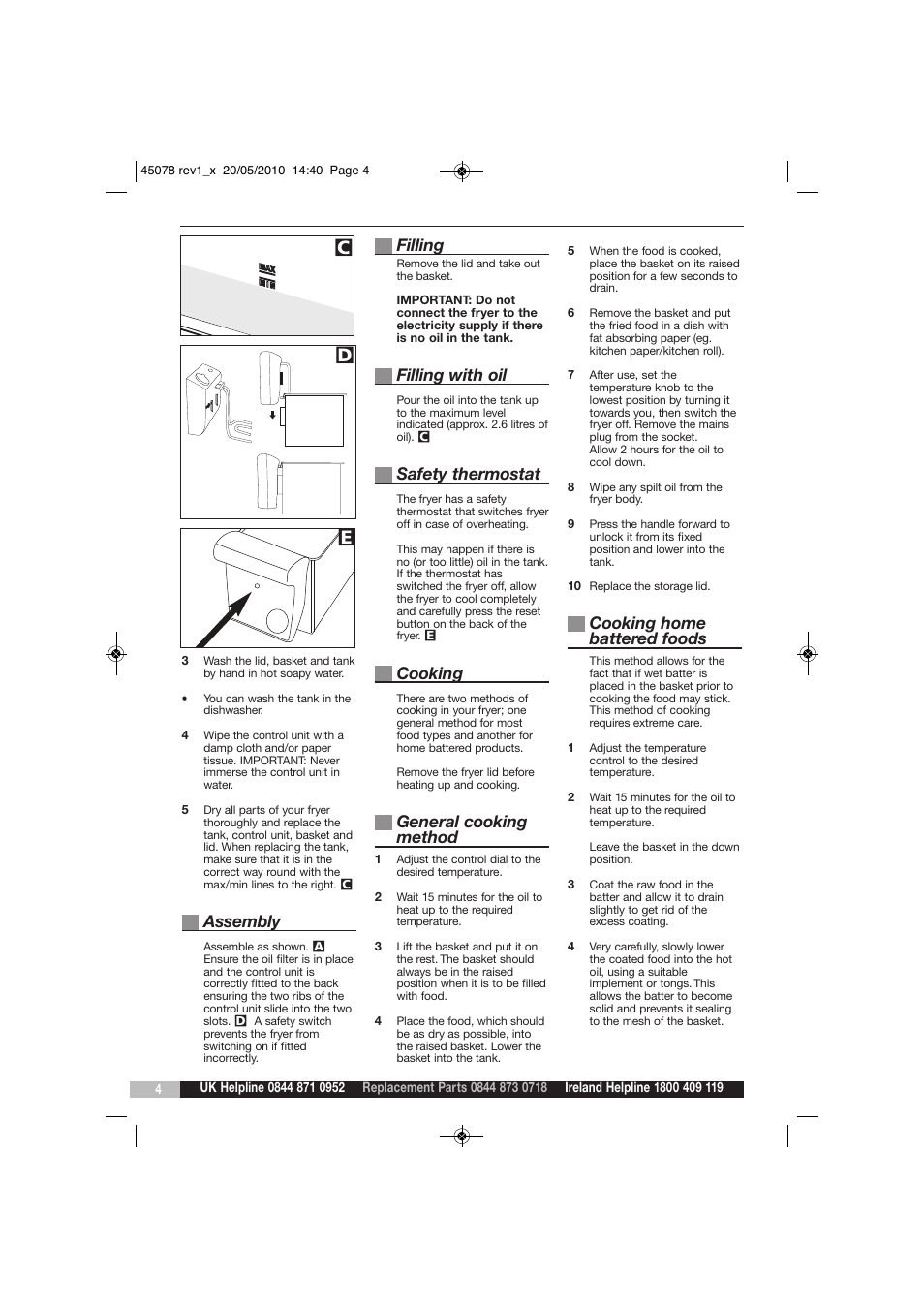 De c, Assembly, Filling | Filling with oil, Safety thermostat, Cooking, General cooking method, Cooking home battered foods | Morphy Richards DF45078 User Manual | Page 4 / 8